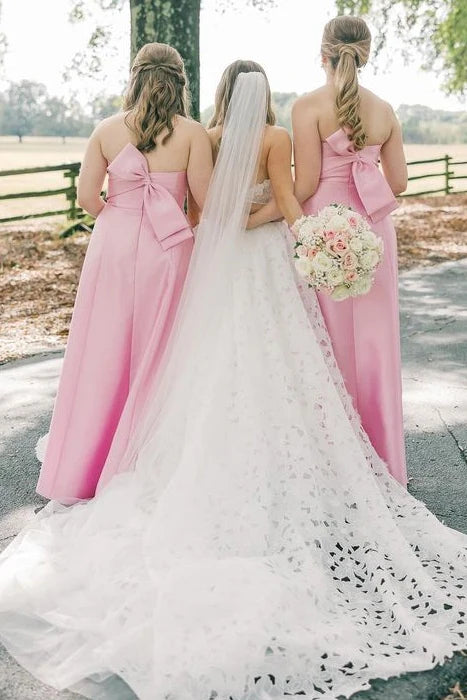 Robes de demoiselle d'honneur roses bustier coupe trapèze avec nœud/robes formelles pour femmes